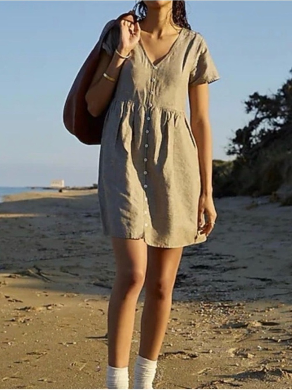 Madewell | Taupe Button-Front V-Neck Dress | Linen/Viscose Blend NWOT Sz:XXS